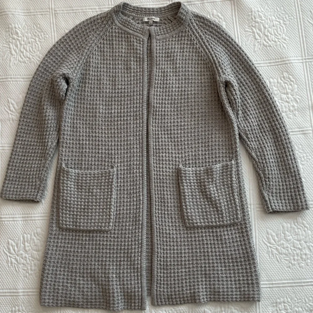 Madewell Waffle Stitch Long Sweater Cardigan Coat Pockets Gray/Silver Wool Blend